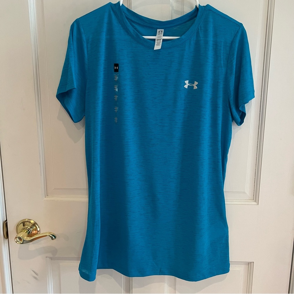 NWOT Womens UNDER ARMOUR HeatGear Sheer Loose Aqua Space Dye Top Size Large
